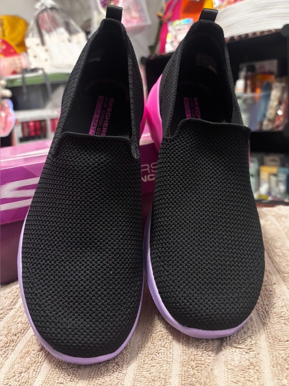 Skechers Women's Black Slip-On Sneakers with Pink and Lavender Gradient Sole - Picture 6 of 10
